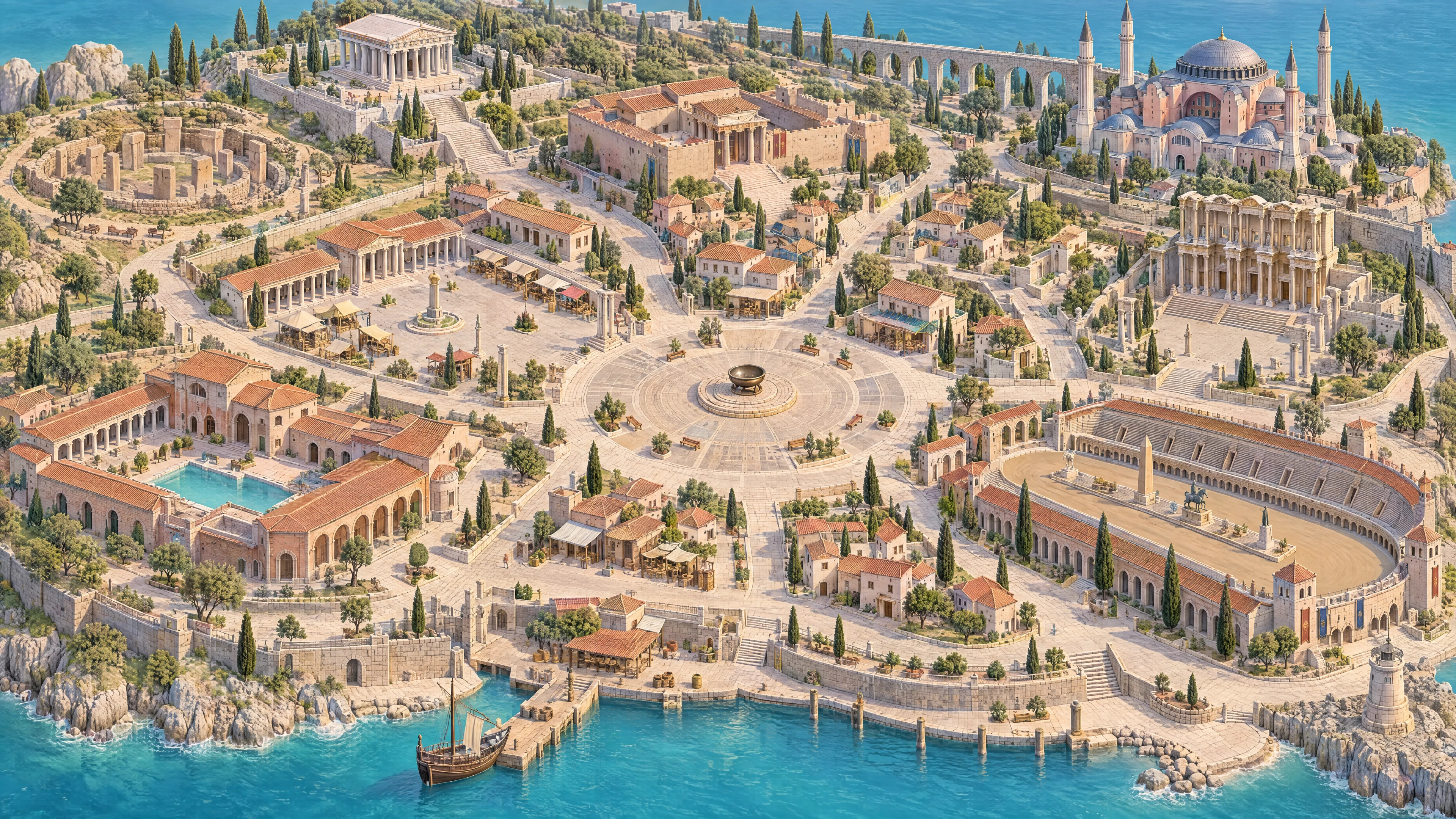 Merkez meydanı, açık Agora, Roma hamamı, Athena Tapınağı, Megaron, Celsus Kütüphanesi, Ayasofya, Göbeklitepe ve Hipodrom bulunan onaylı Prometheus şehri